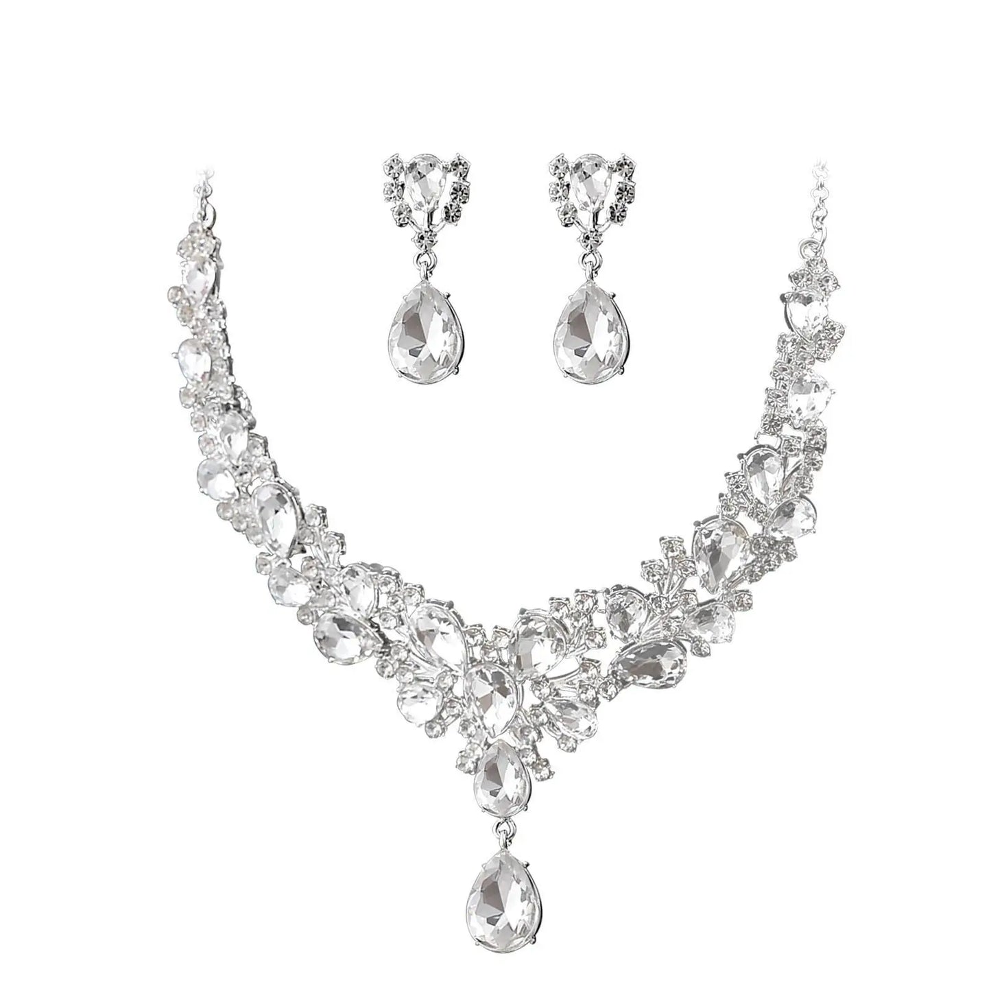 crystal necklace and earrings set on a white background