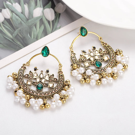 Vintage Green Crystal Peacock Dangle Earrings Women Ethnic Gold Color Beads Tassel Earrings Female Wedding Earrings Jewelry