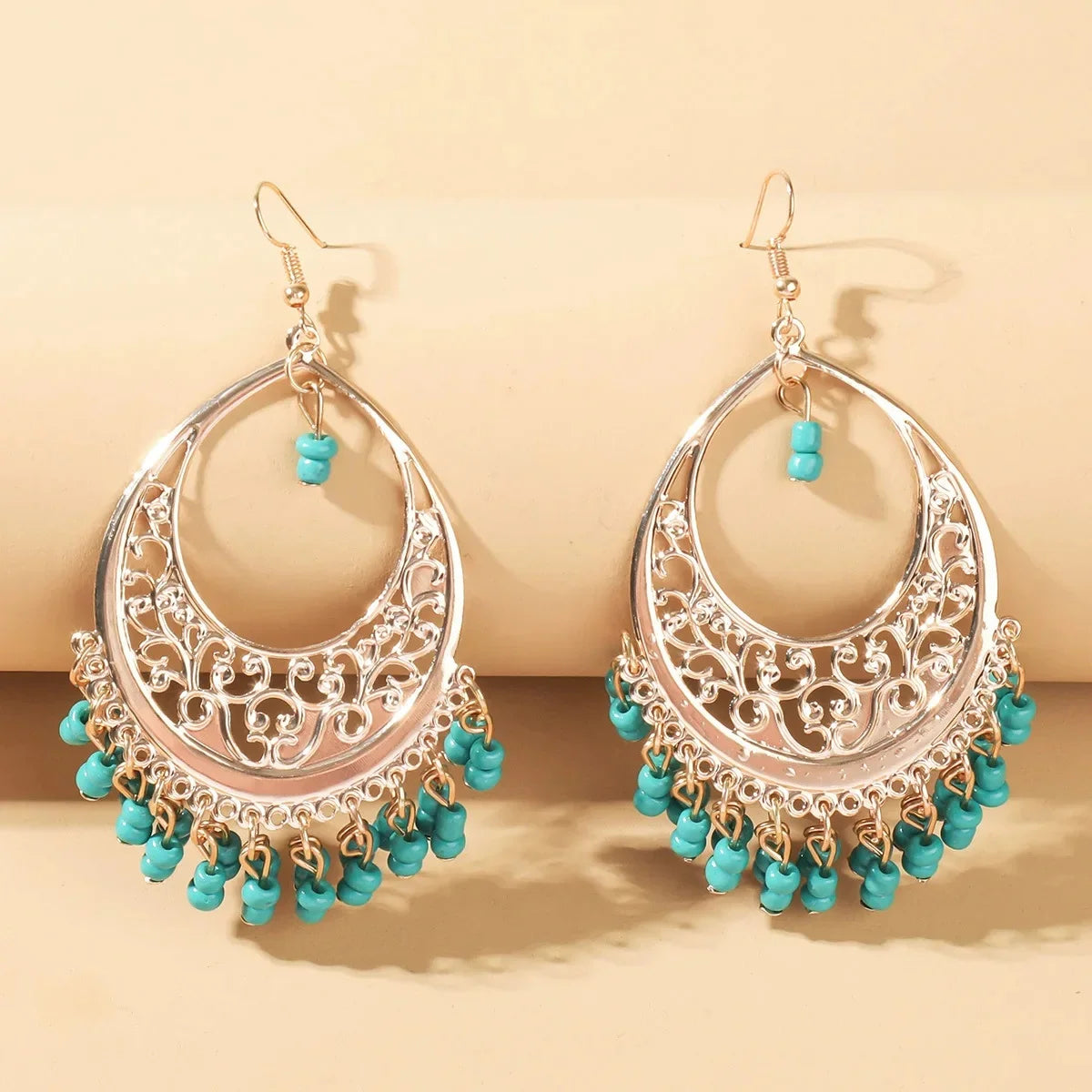 Bohemian Matte Color Block Pearl Tassel Women's Earrings Trendy Personality Circle Splicing Ear Studs Elegant Ladies Hoops