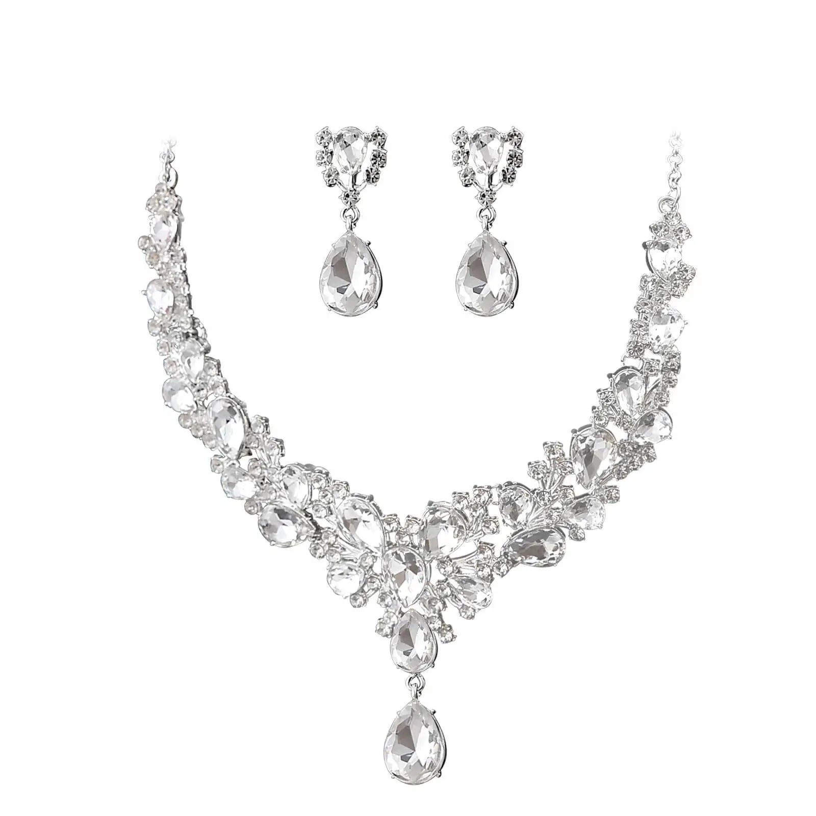 crystal necklace and earrings set on a white background