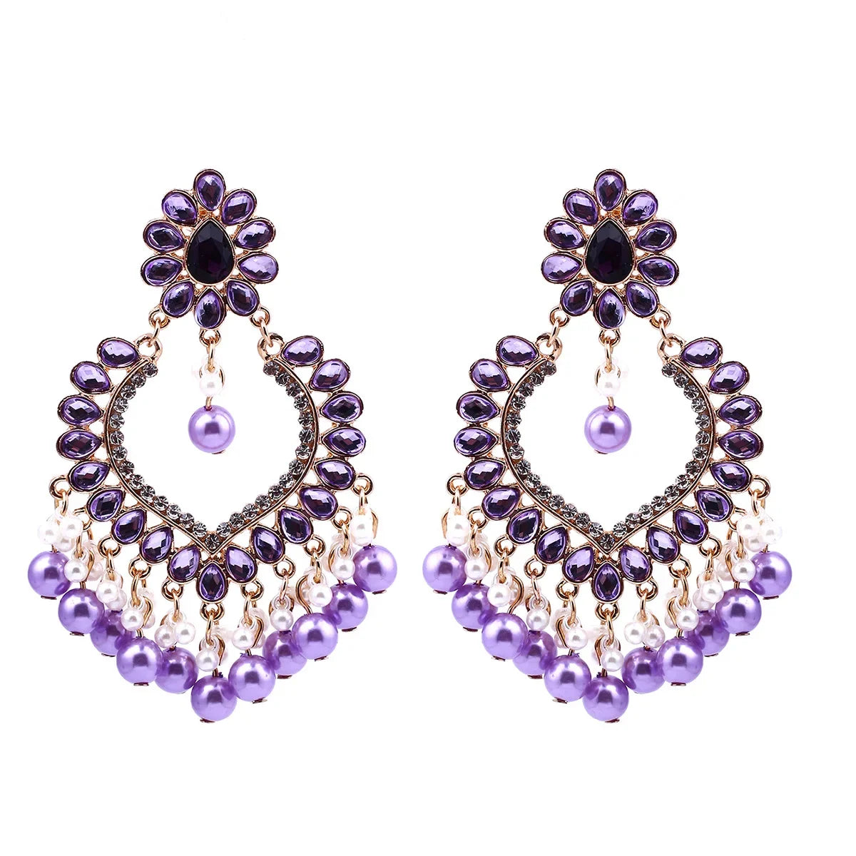 Purple chandelier earrings with beads on a white background