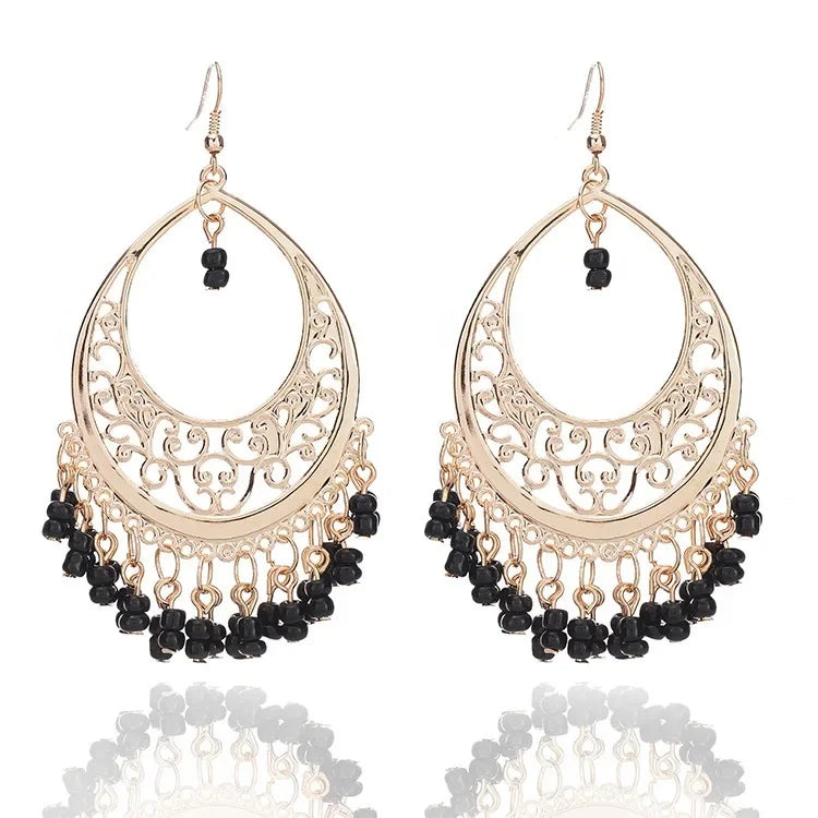Bohemian Matte Color Block Pearl Tassel Women's Earrings Trendy Personality Circle Splicing Ear Studs Elegant Ladies Hoops
