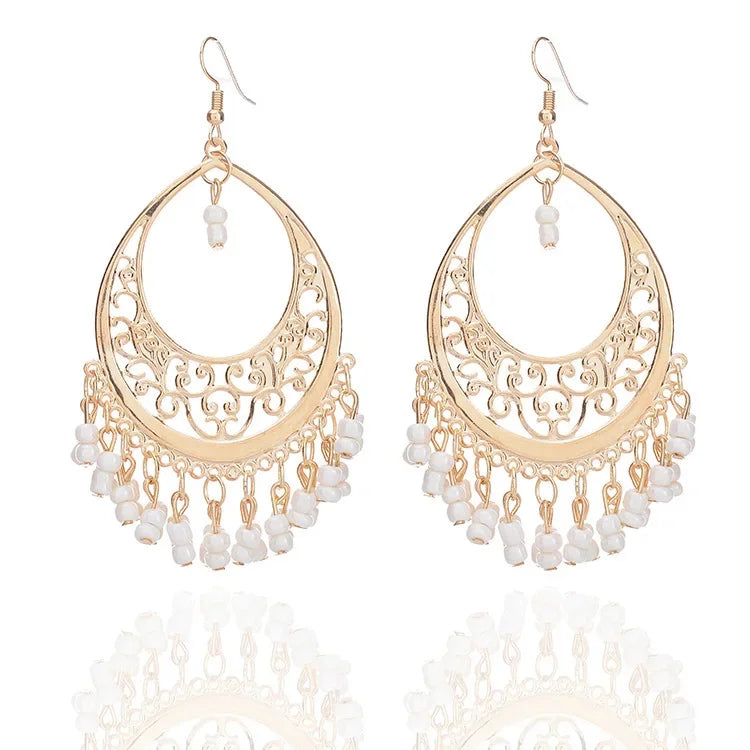 Bohemian Matte Color Block Pearl Tassel Women's Earrings Trendy Personality Circle Splicing Ear Studs Elegant Ladies Hoops