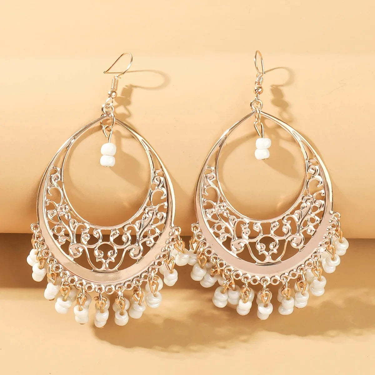 Bohemian Matte Color Block Pearl Tassel Women's Earrings Trendy Personality Circle Splicing Ear Studs Elegant Ladies Hoops