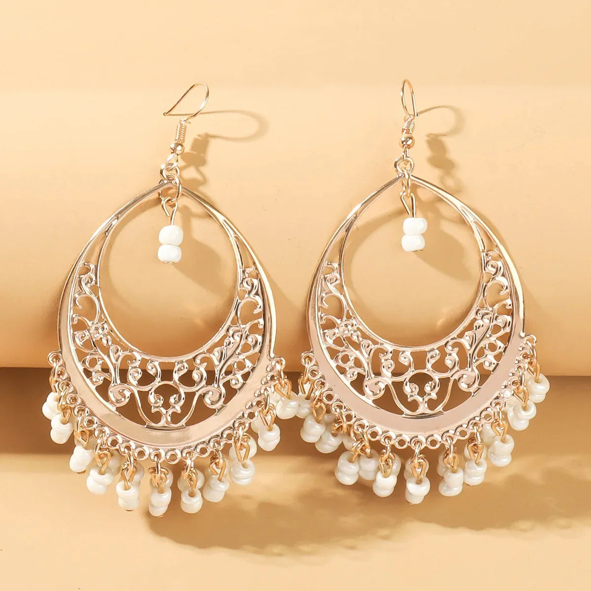 Bohemian Matte Color Block Pearl Tassel Women's Earrings Trendy Personality Circle Splicing Ear Studs Elegant Ladies Hoops