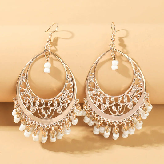 Bohemian Matte Color Block Pearl Tassel Women's Earrings Trendy Personality Circle Splicing Ear Studs Elegant Ladies Hoops