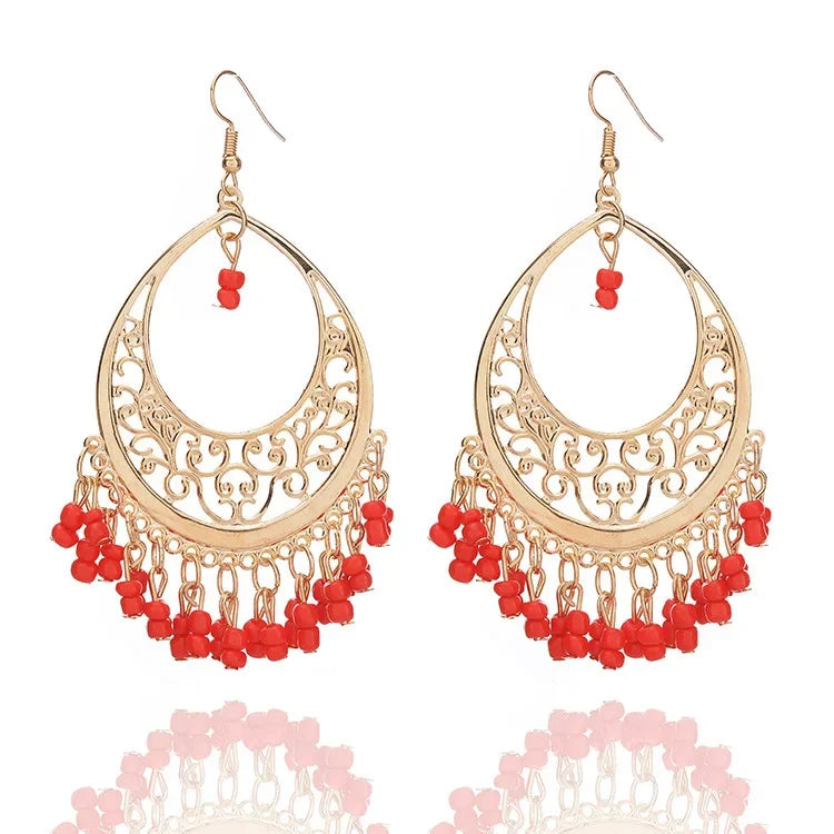 Bohemian Matte Color Block Pearl Tassel Women's Earrings Trendy Personality Circle Splicing Ear Studs Elegant Ladies Hoops