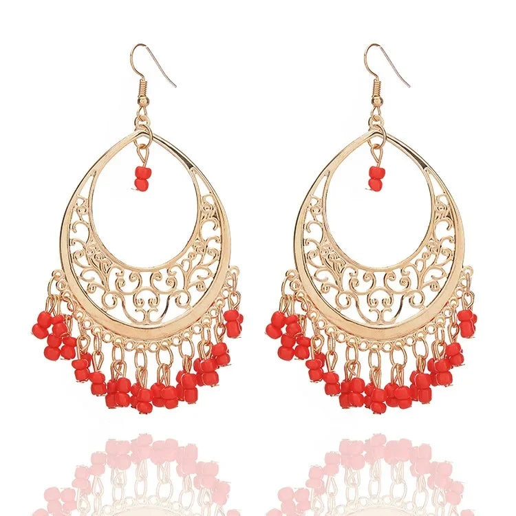 Bohemian Matte Color Block Pearl Tassel Women's Earrings Trendy Personality Circle Splicing Ear Studs Elegant Ladies Hoops