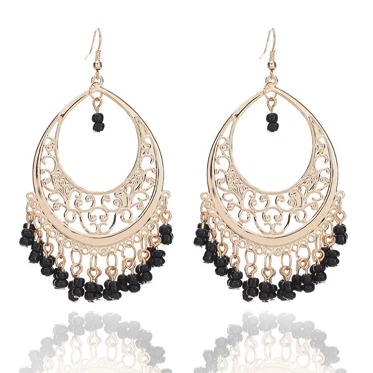 Bohemian Matte Color Block Pearl Tassel Women's Earrings Trendy Personality Circle Splicing Ear Studs Elegant Ladies Hoops
