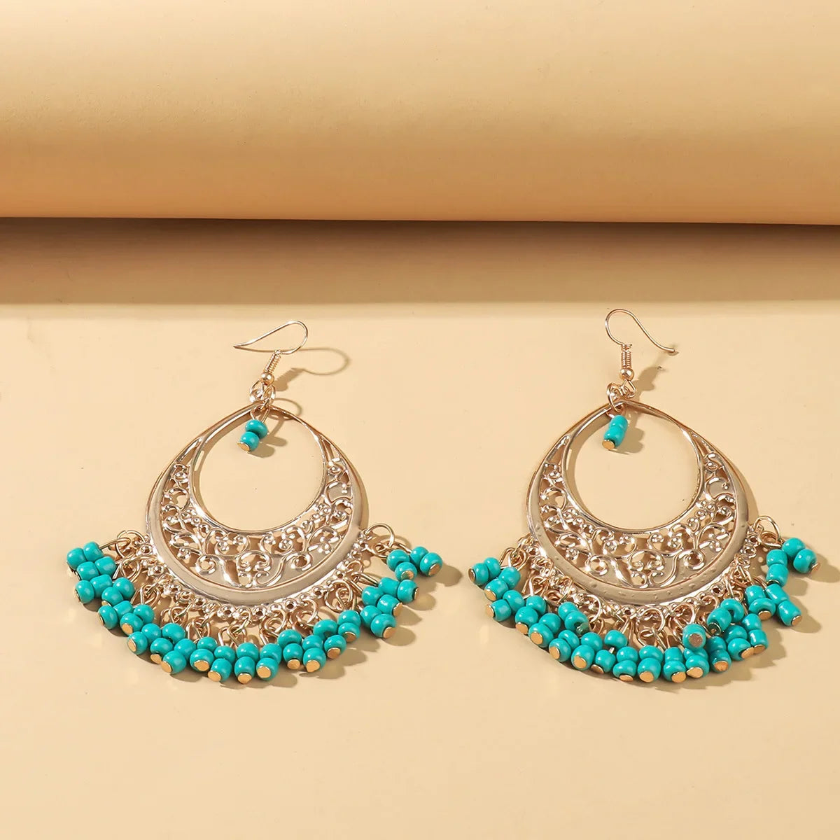 Bohemian Matte Color Block Pearl Tassel Women's Earrings Trendy Personality Circle Splicing Ear Studs Elegant Ladies Hoops