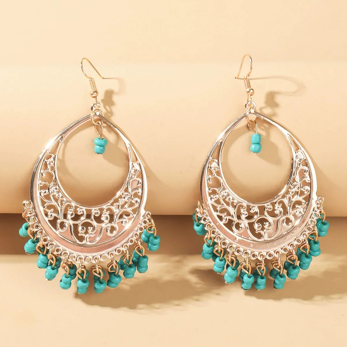 Bohemian Matte Color Block Pearl Tassel Women's Earrings Trendy Personality Circle Splicing Ear Studs Elegant Ladies Hoops